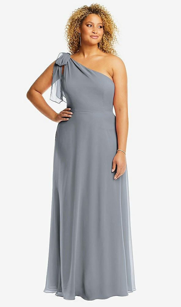 Front View - Platinum Draped One-Shoulder Maxi Dress with Scarf Bow