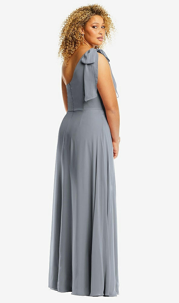 Back View - Platinum Draped One-Shoulder Maxi Dress with Scarf Bow