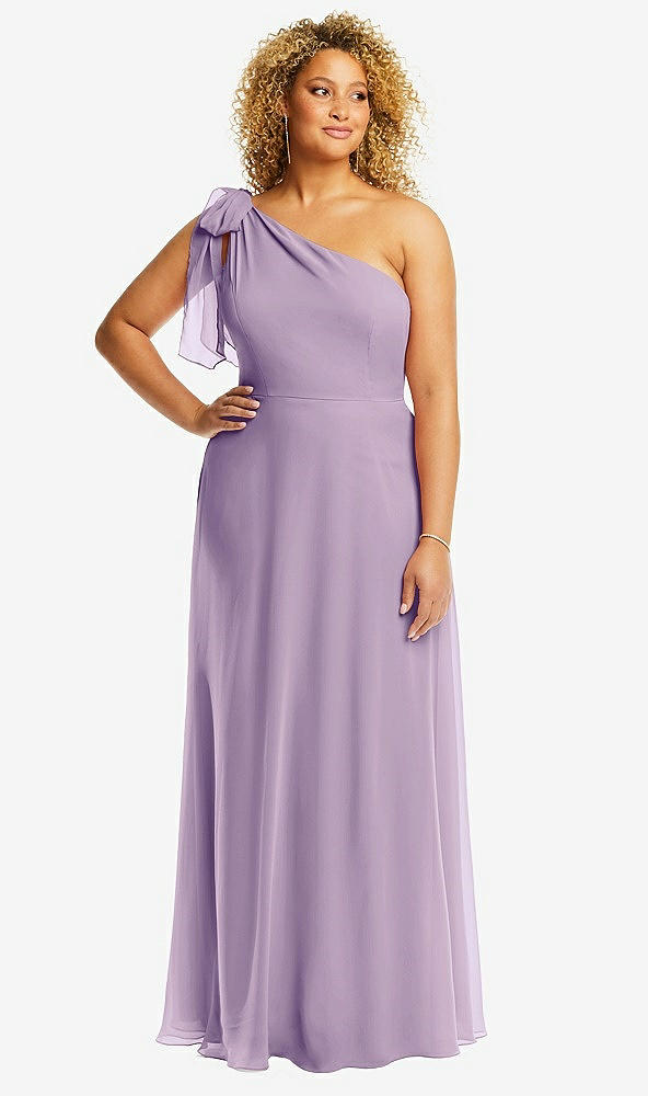 Front View - Pale Purple Draped One-Shoulder Maxi Dress with Scarf Bow