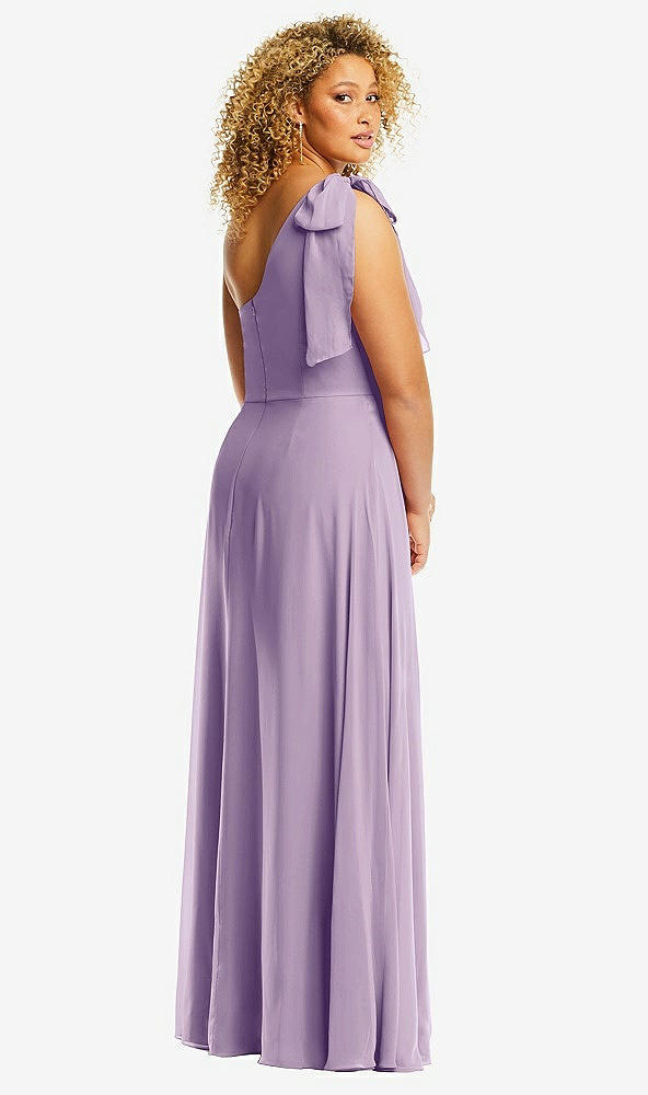 Back View - Pale Purple Draped One-Shoulder Maxi Dress with Scarf Bow