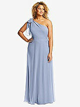 Front View Thumbnail - Sky Blue Draped One-Shoulder Maxi Dress with Scarf Bow