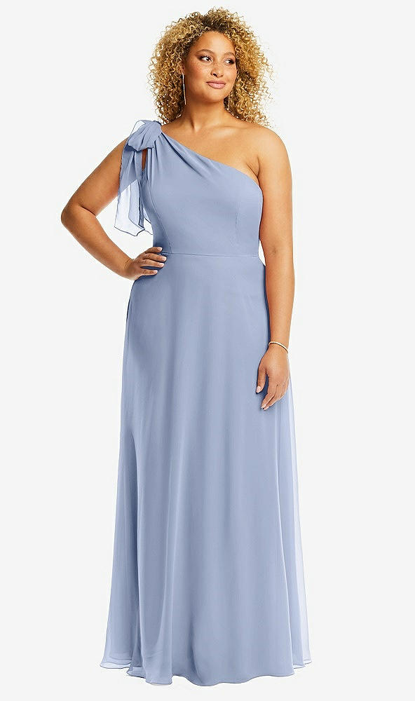Front View - Sky Blue Draped One-Shoulder Maxi Dress with Scarf Bow