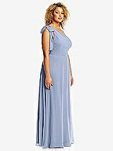 Side View Thumbnail - Sky Blue Draped One-Shoulder Maxi Dress with Scarf Bow