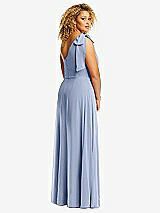 Rear View Thumbnail - Sky Blue Draped One-Shoulder Maxi Dress with Scarf Bow