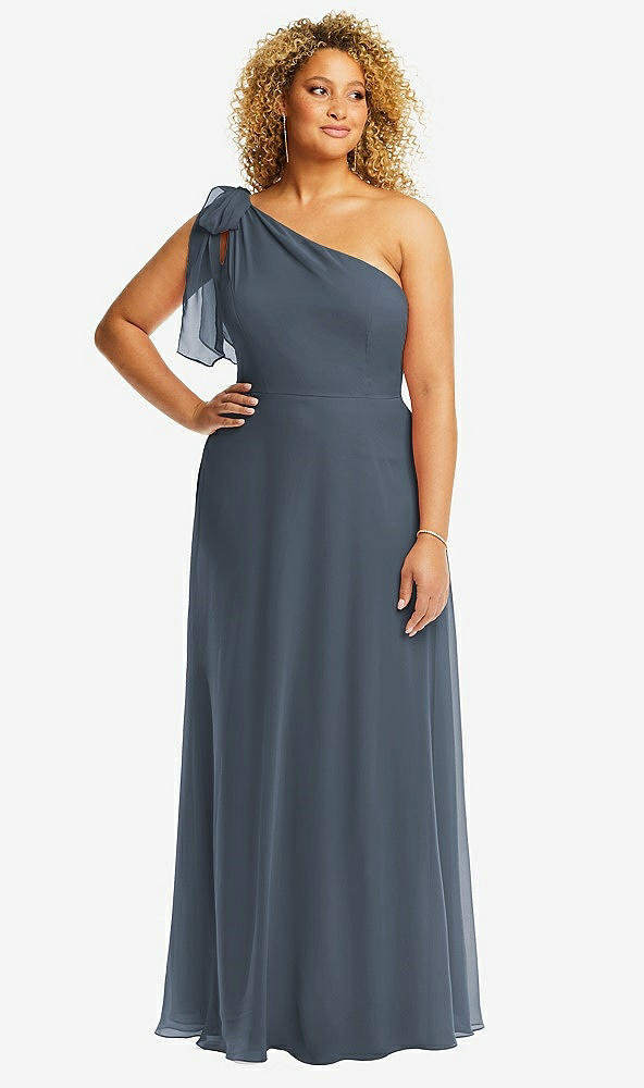 Front View - Silverstone Draped One-Shoulder Maxi Dress with Scarf Bow