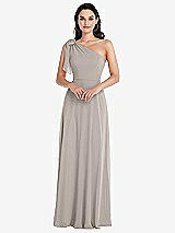 Alt View 1 Thumbnail - Taupe Draped One-Shoulder Maxi Dress with Scarf Bow