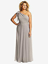 Front View Thumbnail - Taupe Draped One-Shoulder Maxi Dress with Scarf Bow