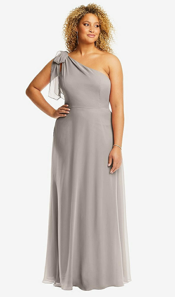 Front View - Taupe Draped One-Shoulder Maxi Dress with Scarf Bow