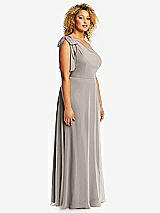 Side View Thumbnail - Taupe Draped One-Shoulder Maxi Dress with Scarf Bow