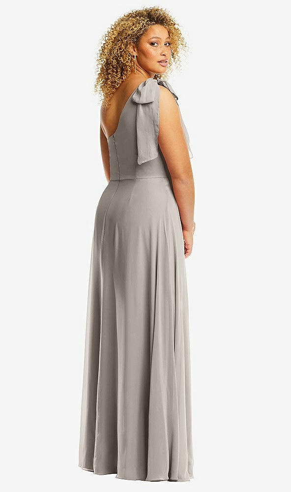 Back View - Taupe Draped One-Shoulder Maxi Dress with Scarf Bow