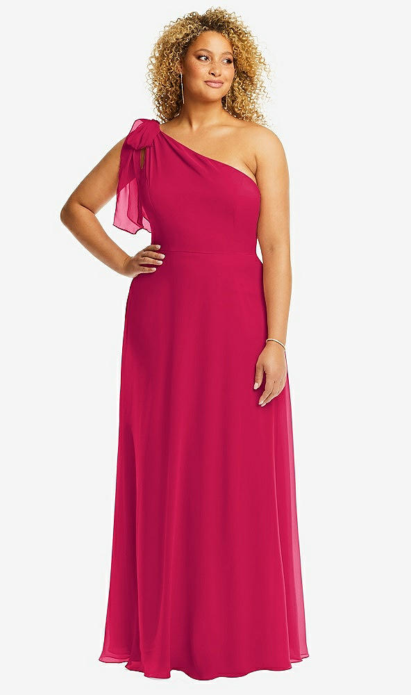 Front View - Vivid Pink Draped One-Shoulder Maxi Dress with Scarf Bow