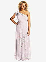 Front View Thumbnail - Watercolor Print Draped One-Shoulder Maxi Dress with Scarf Bow
