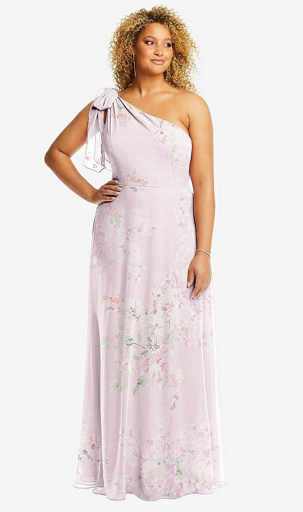 Front View - Watercolor Print Draped One-Shoulder Maxi Dress with Scarf Bow