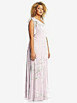 Side View Thumbnail - Watercolor Print Draped One-Shoulder Maxi Dress with Scarf Bow