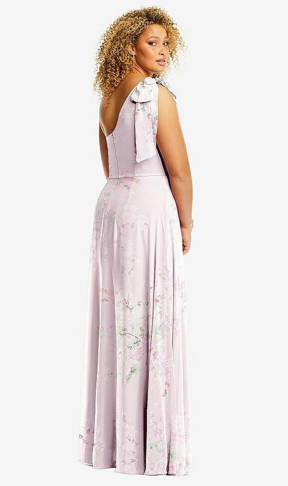 Back View - Watercolor Print Draped One-Shoulder Maxi Dress with Scarf Bow