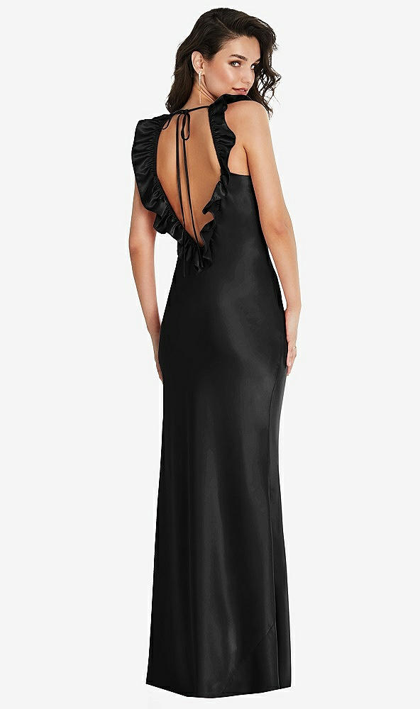 Front View - Black Ruffle Trimmed Open-Back Maxi Slip Dress