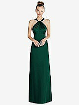 Front View Thumbnail - Hunter Green Draped Twist Halter Low-Back Satin Empire Dress