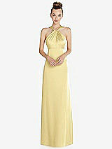 Front View Thumbnail - Pale Yellow Draped Twist Halter Low-Back Satin Empire Dress