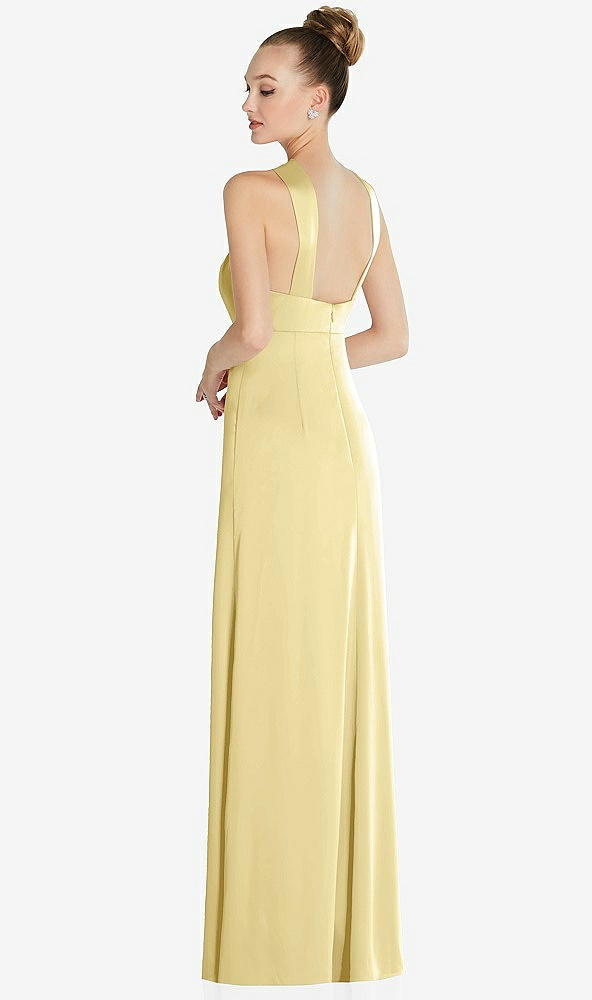 Back View - Pale Yellow Draped Twist Halter Low-Back Satin Empire Dress