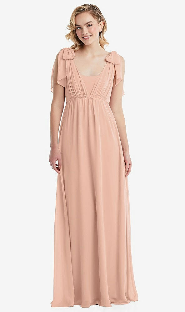 Front View - Pale Peach Empire Waist Shirred Skirt Convertible Sash Tie Maxi Dress