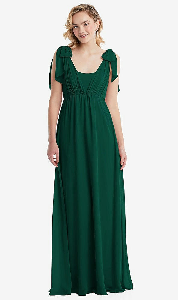 Front View - Hunter Green Empire Waist Shirred Skirt Convertible Sash Tie Maxi Dress