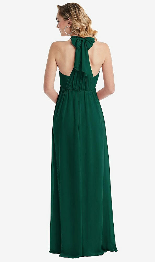 Back View - Hunter Green Empire Waist Shirred Skirt Convertible Sash Tie Maxi Dress