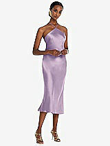 Front View Thumbnail - Pale Purple Diamond Halter Bias Midi Slip Dress with Convertible Straps