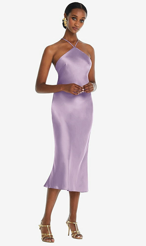 Front View - Pale Purple Diamond Halter Bias Midi Slip Dress with Convertible Straps