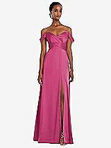 Alt View 1 Thumbnail - Tea Rose Off-the-Shoulder Flounce Sleeve Empire Waist Gown with Front Slit