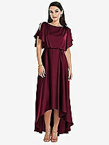 Front View Thumbnail - Cabernet Blouson Bodice Deep V-Back High Low Dress with Flutter Sleeves