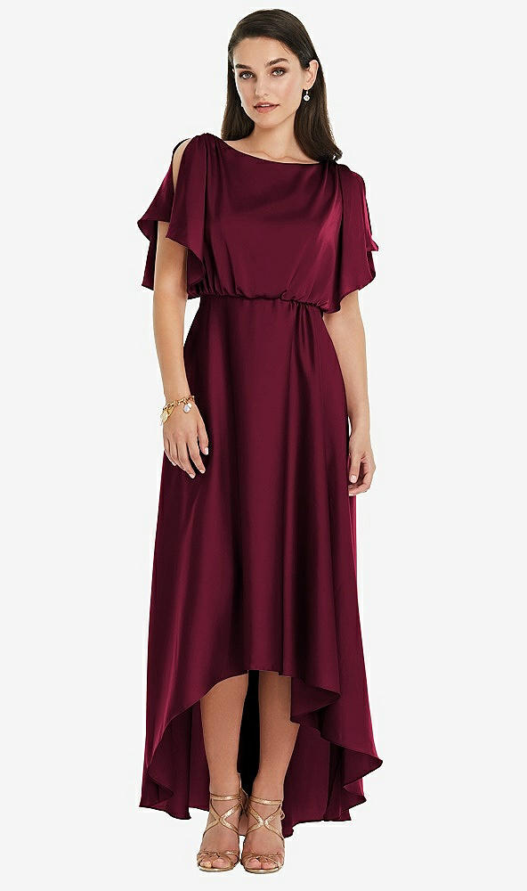 Front View - Cabernet Blouson Bodice Deep V-Back High Low Dress with Flutter Sleeves