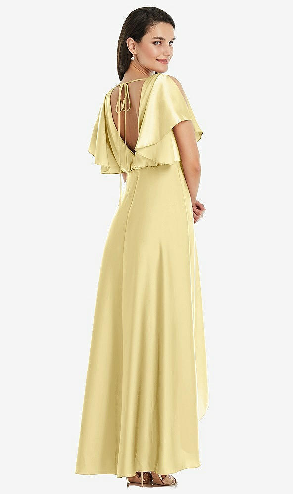 Back View - Pale Yellow Blouson Bodice Deep V-Back High Low Dress with Flutter Sleeves