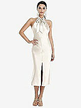 Front View Thumbnail - Ivory Scarf Tie Stand Collar Midi Bias Dress with Front Slit