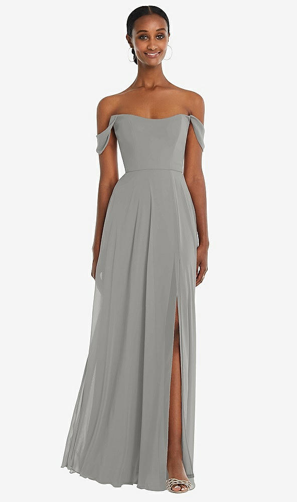 Front View - Chelsea Gray Off-the-Shoulder Basque Neck Maxi Dress with Flounce Sleeves