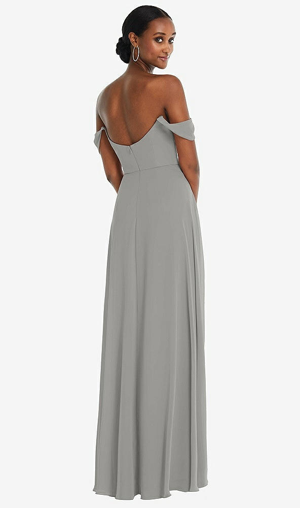 Back View - Chelsea Gray Off-the-Shoulder Basque Neck Maxi Dress with Flounce Sleeves
