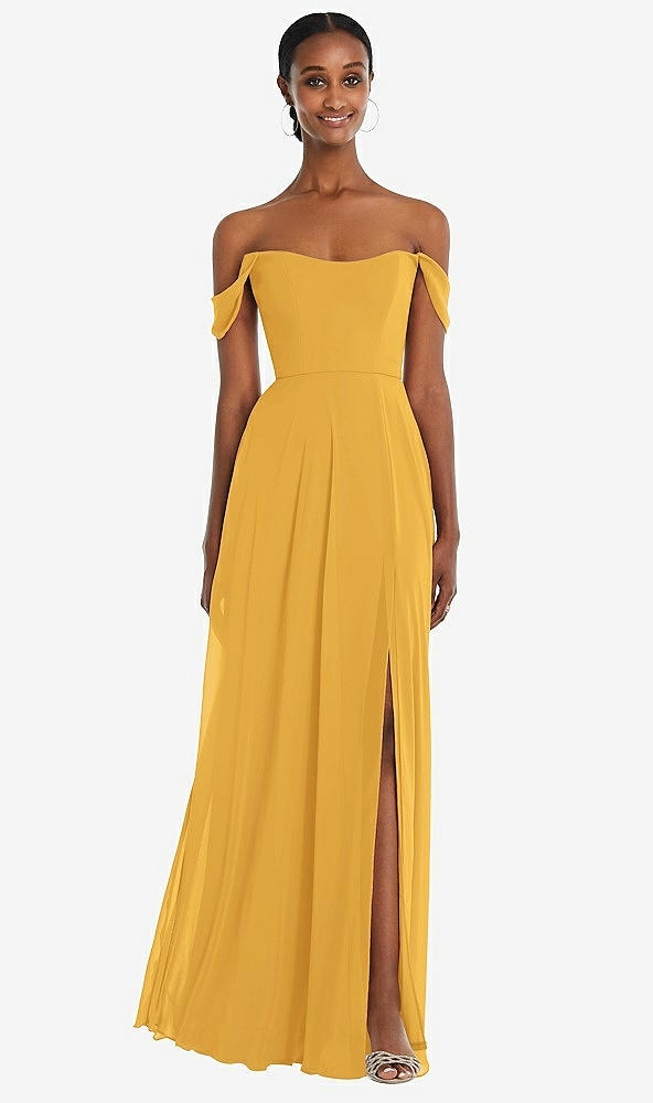 Front View - NYC Yellow Off-the-Shoulder Basque Neck Maxi Dress with Flounce Sleeves