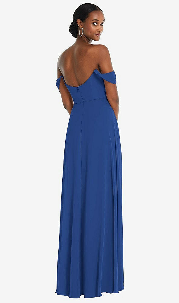 Back View - Classic Blue Off-the-Shoulder Basque Neck Maxi Dress with Flounce Sleeves