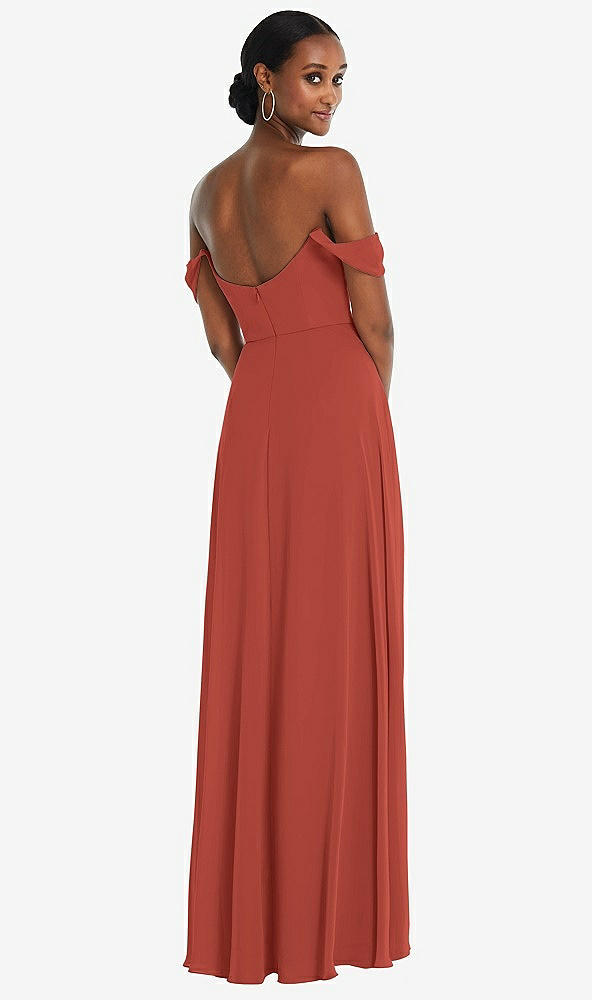 Back View - Amber Sunset Off-the-Shoulder Basque Neck Maxi Dress with Flounce Sleeves
