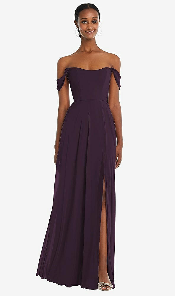 Front View - Aubergine Off-the-Shoulder Basque Neck Maxi Dress with Flounce Sleeves