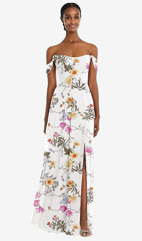 Front View - Butterfly Botanica Ivory Off-the-Shoulder Basque Neck Maxi Dress with Flounce Sleeves