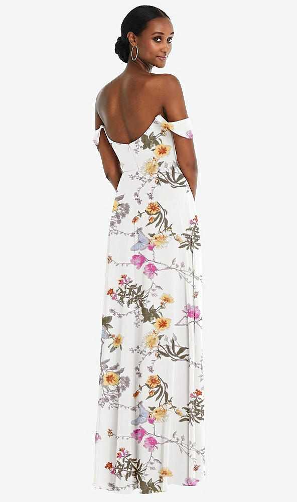 Back View - Butterfly Botanica Ivory Off-the-Shoulder Basque Neck Maxi Dress with Flounce Sleeves