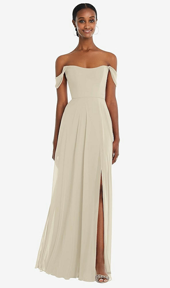 Front View - Champagne Off-the-Shoulder Basque Neck Maxi Dress with Flounce Sleeves