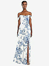 Front View Thumbnail - Cottage Rose Dusk Blue Off-the-Shoulder Basque Neck Maxi Dress with Flounce Sleeves