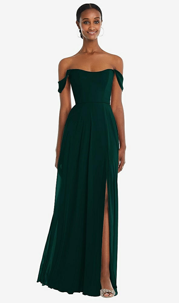 Front View - Evergreen Off-the-Shoulder Basque Neck Maxi Dress with Flounce Sleeves