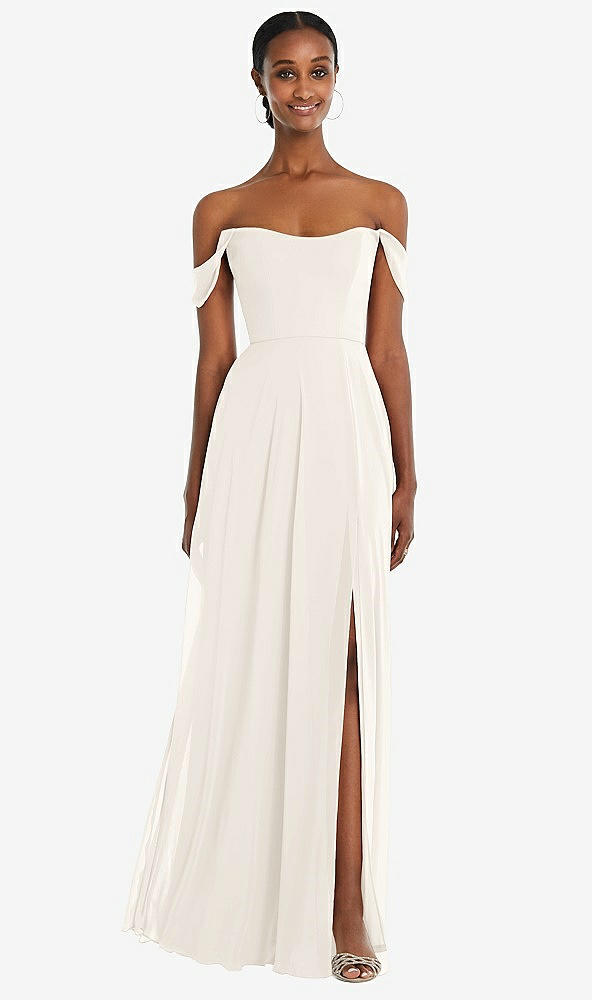 Front View - Ivory Off-the-Shoulder Basque Neck Maxi Dress with Flounce Sleeves