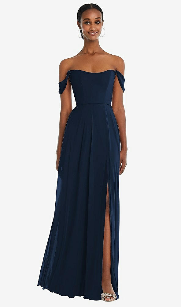 Front View - Midnight Navy Off-the-Shoulder Basque Neck Maxi Dress with Flounce Sleeves