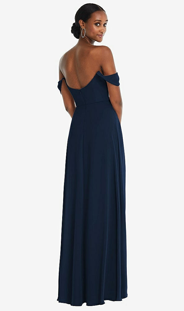 Back View - Midnight Navy Off-the-Shoulder Basque Neck Maxi Dress with Flounce Sleeves