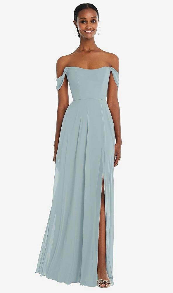 Front View - Morning Sky Off-the-Shoulder Basque Neck Maxi Dress with Flounce Sleeves