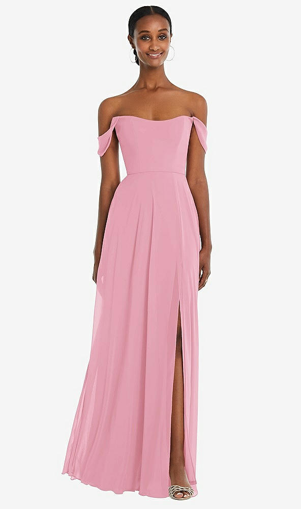 Front View - Peony Pink Off-the-Shoulder Basque Neck Maxi Dress with Flounce Sleeves