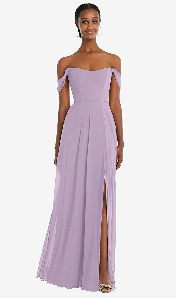 Front View - Pale Purple Off-the-Shoulder Basque Neck Maxi Dress with Flounce Sleeves